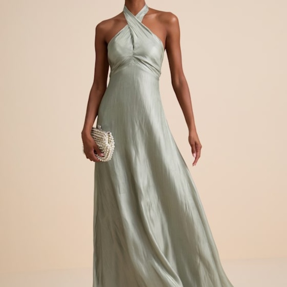 Lulus Canley Sage Satin Cross-front Halter Maxi Dress Green - Size L - Picture 1 of 3